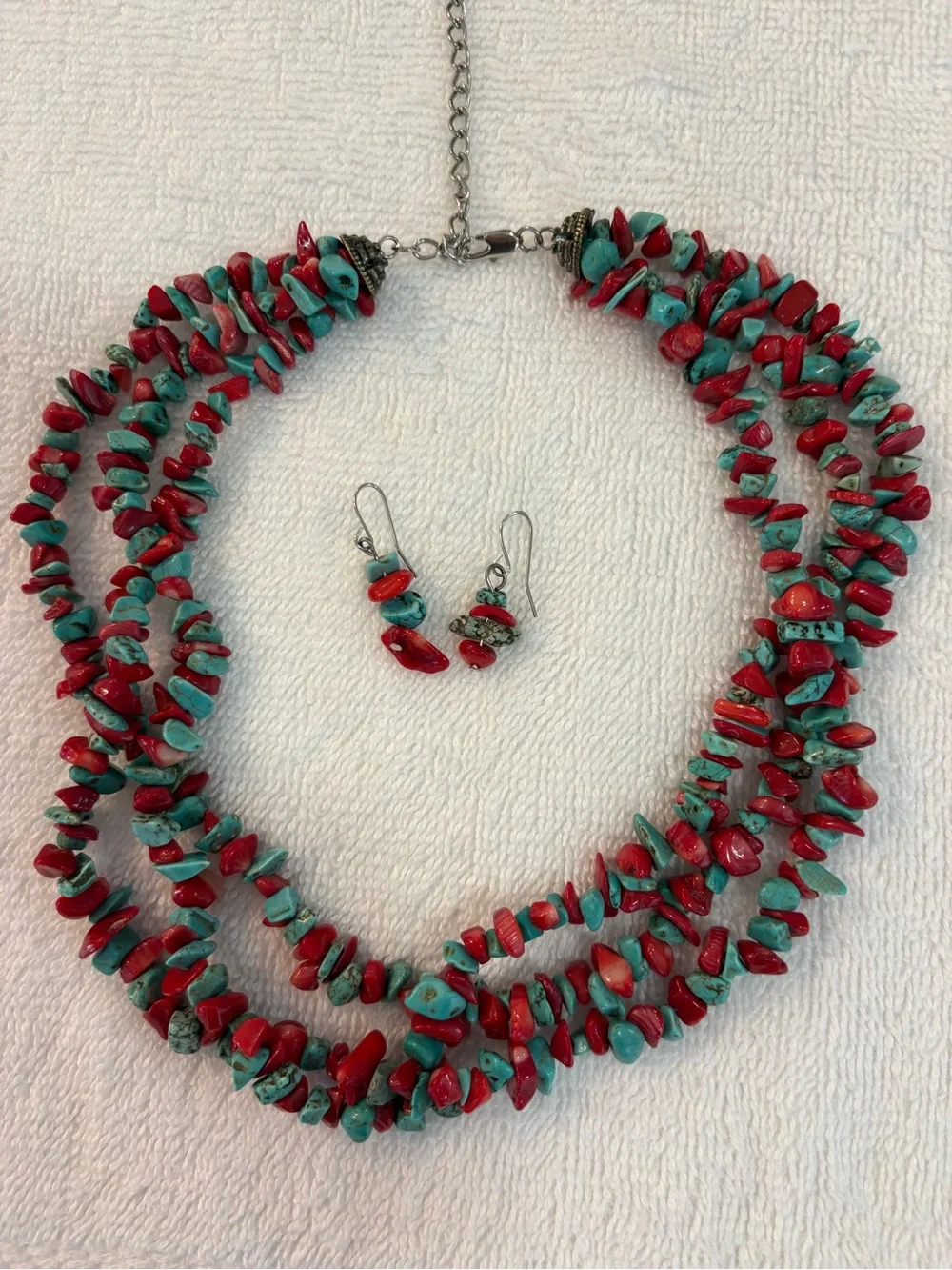 Turquoise and Red Coral Bead Necklace & Earring Set - Women Jewelry